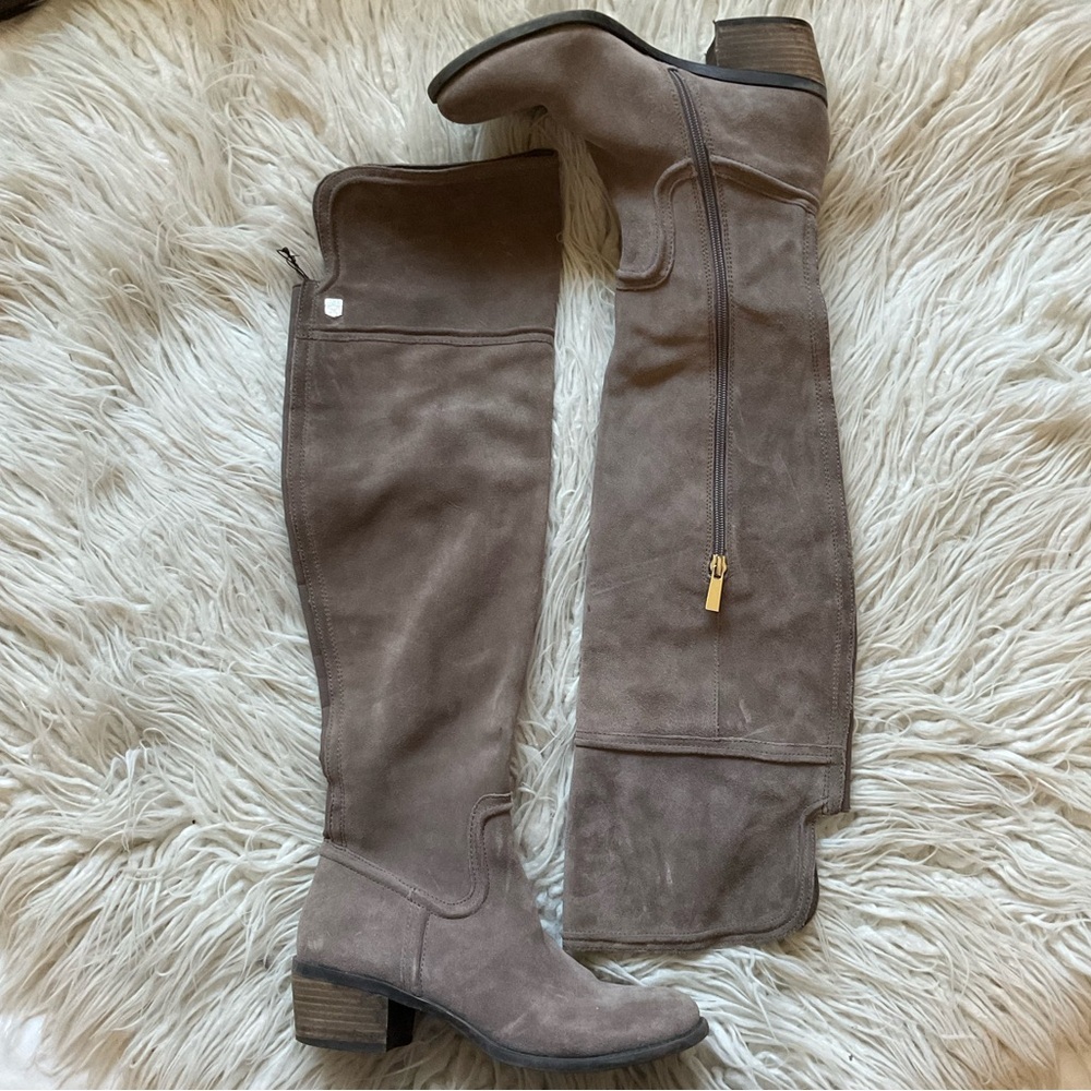 Vince Camuto Gray Taupe Baldwin Suede Leather Round Toe Over The Knee Boots 6.5